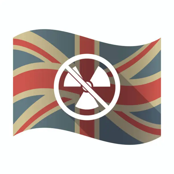Vector illustration of Isolated UK flag with  a radioactivity sign  in a not allowed signal