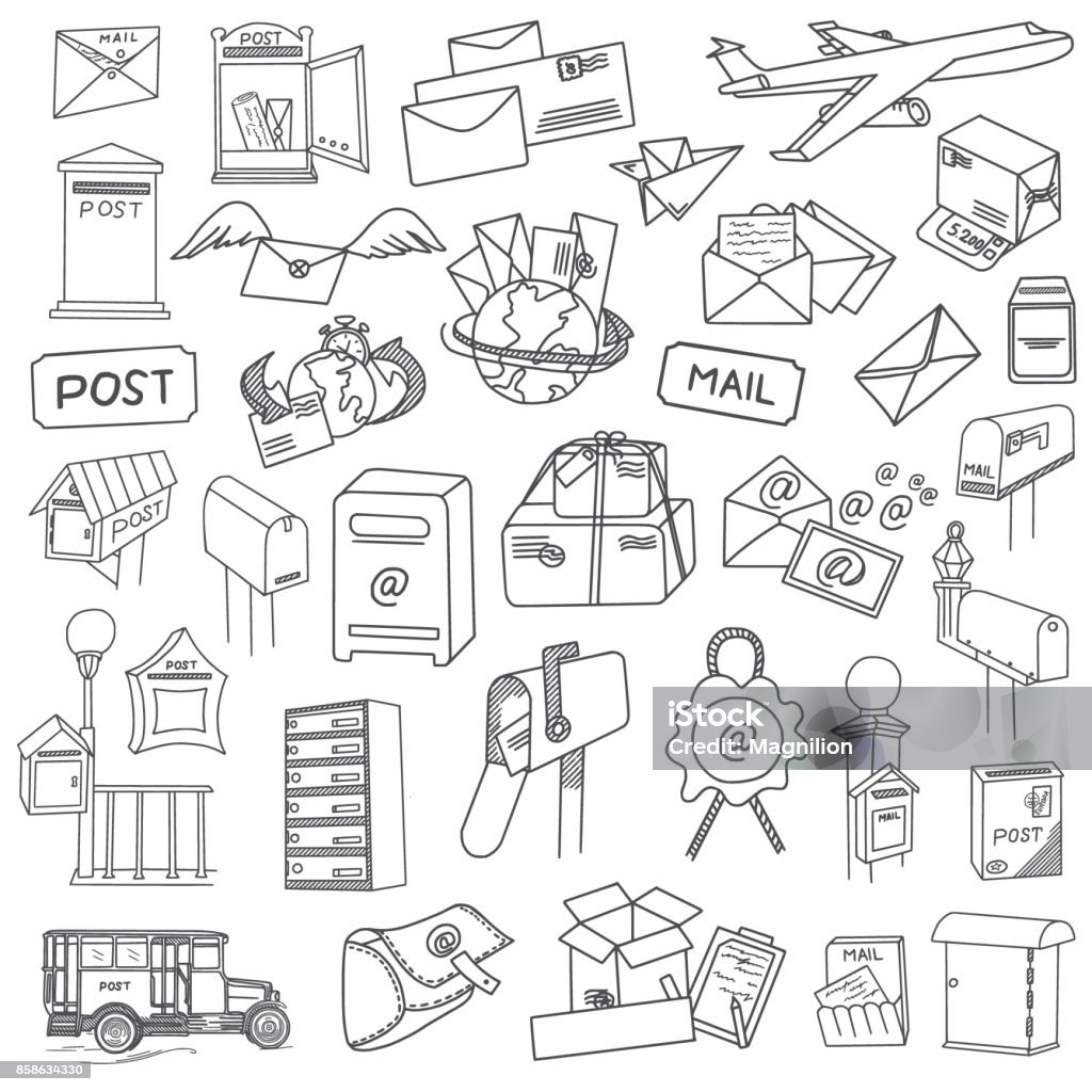 Postal Doodles Set Vector postal doodles set. Hand-drawn vector illustration. Letter - Document stock vector