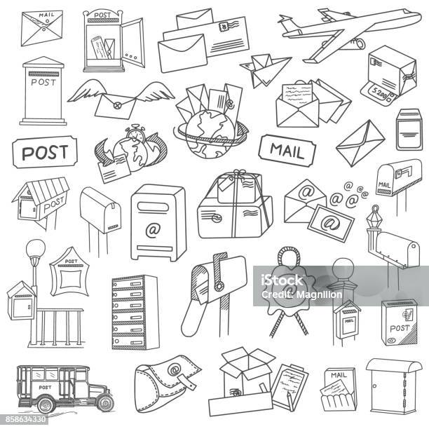 Postal Doodles Set Stock Illustration - Download Image Now - Letter - Document, Drawing - Art Product, Mail