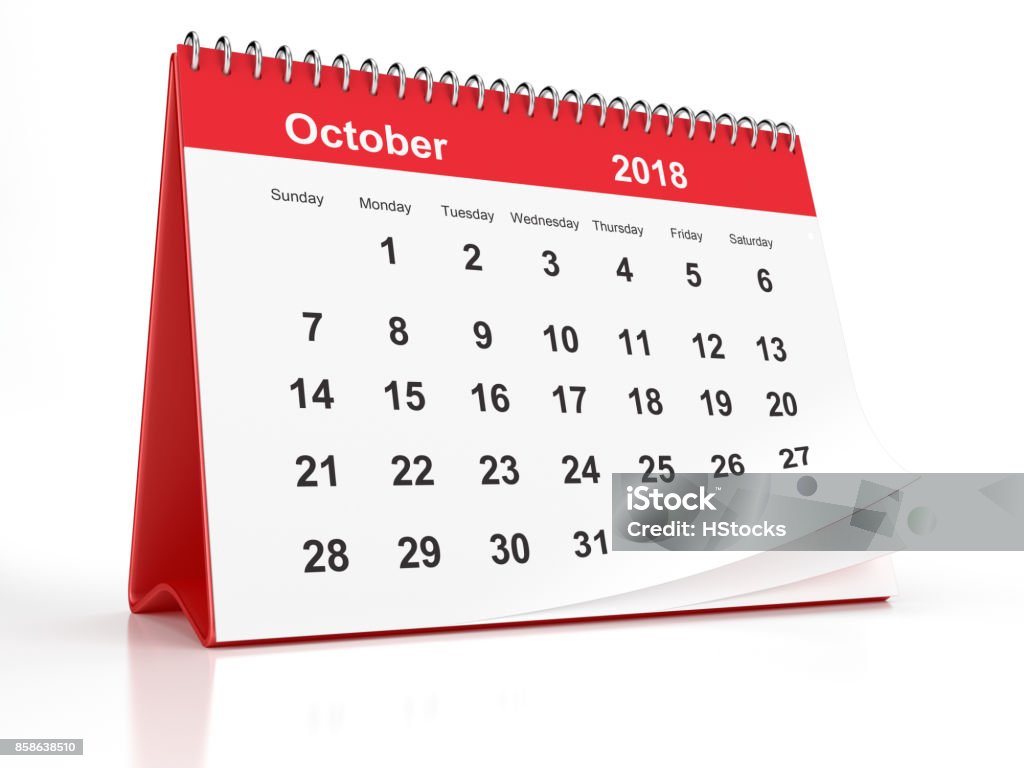 October 2018 Red Plastic Framed Desktop Calendar on White Background 2018 October page of a red plastic framed desktop calendar on white background. 3D Rendering. 2018 Stock Photo