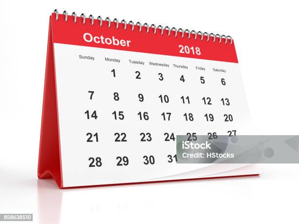 October 2018 Red Plastic Framed Desktop Calendar On White Background Stock Photo - Download Image Now