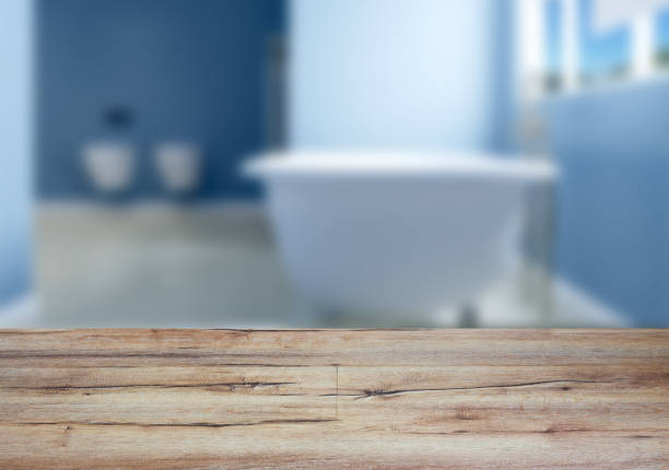 istock The wooden table. Blurred interior. Bathroom 858643236