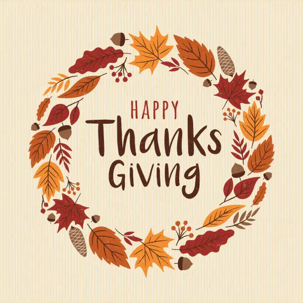 Vector illustration of Happy Thanksgiving card with wreath.