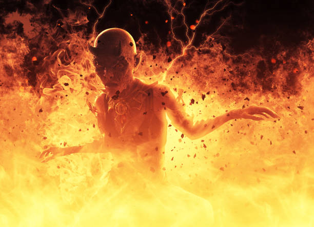 istock Demon woman burns in a hellfire 3d illustration 858651516