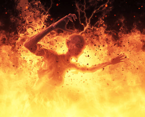 istock Demon woman burns in a hellfire 3d illustration 858654288