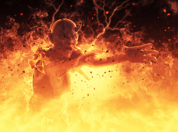 istock Demon woman burns in a hellfire 3d illustration 858654918