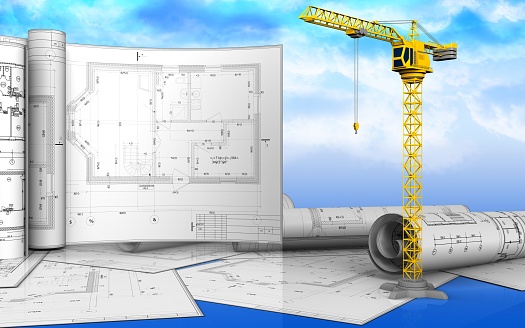 3d illustration of crane with drawings over sky background