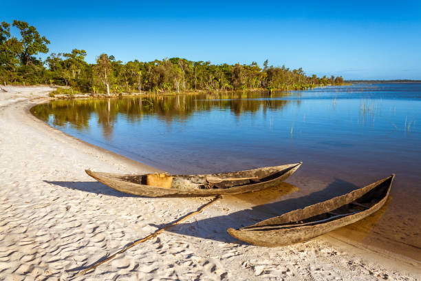 Dugout canoes beached on the Rasoabe lake, Pangalanes canal, eastern Madagascar