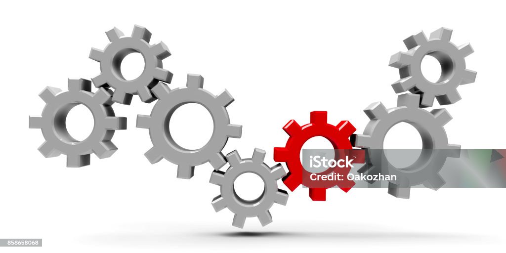 Many gears with red gear #2 Many gears with red gear - concept of team cooperation or leadership, three-dimensional rendering, 3D illustration Gear - Mechanism Stock Photo