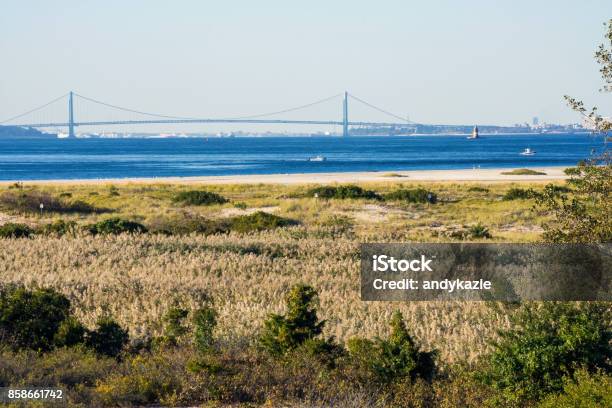 The Verrazano From Sandy Hook Stock Photo - Download Image Now - Bay of Water, Bridge - Built Structure, Famous Place