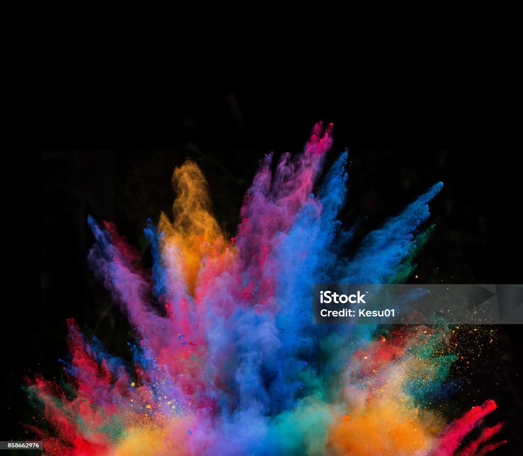 Launched colorful powder Explosion of colorful powder, isolated on black background Rainbow Stock Photo