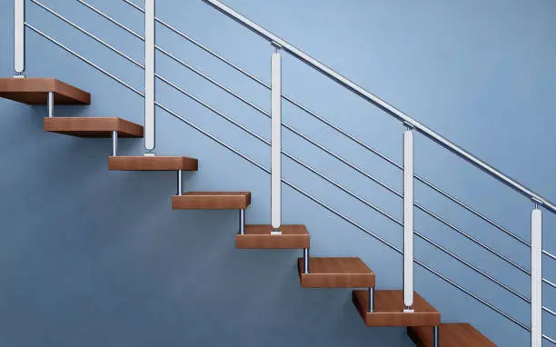 Modern wooden staircase with chromed railing. 3d rendering