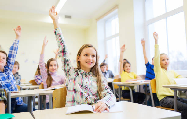 istock group of school kids raising hands in classroom 858667902