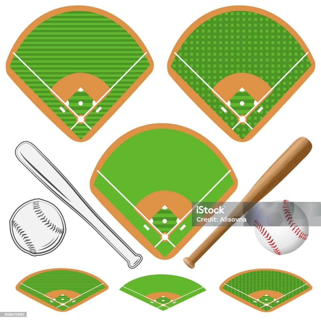 Baseball fields, leather ball and wooden bats Baseball fields, leather ball and wooden bats. Isometric fields. Vector illustration Base - Sports Equipment stock vector