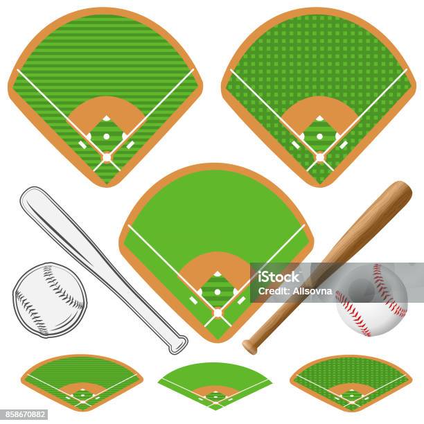 Baseball Fields Leather Ball And Wooden Bats Stock Illustration - Download Image Now - Base - Sports Equipment, Sports Ball, Sports Court