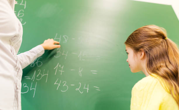 istock schoolgirl and teacher with task on chalk board 858674304
