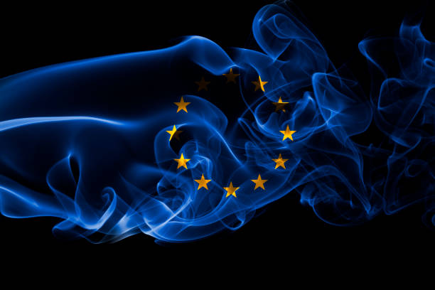 istock Eu smoke flag, european union 858678040