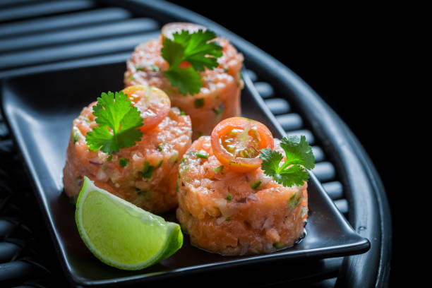 istock Delicious salmon tartare with coriander and lime 858678206