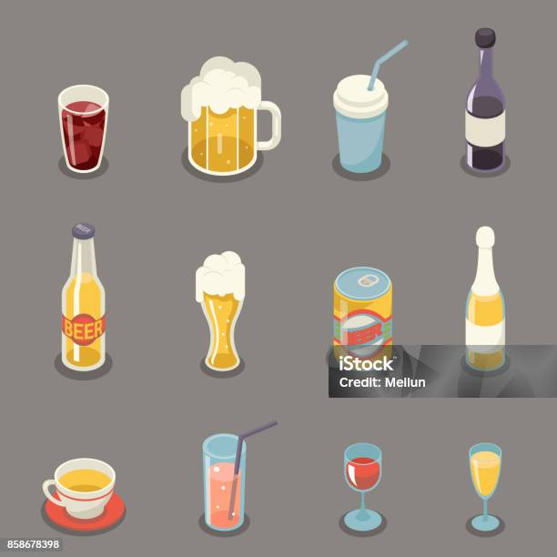 等尺性レトロ フラット アルコール ビール ジュース紅茶ワイン飲み物アイコンと記号設定ベクトル図 - 投影図のベクターアート素材や画像を多数ご用意 - 投影図, ビール, 飲み物