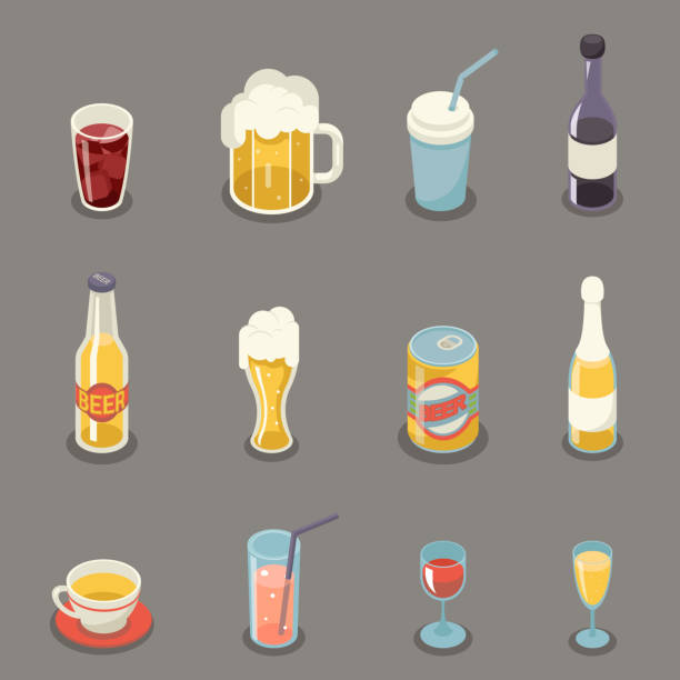 Isometric Retro Flat Alcohol Beer Juice Tea Wine Drink Icons and Symbols Set Vector Illustration vector art illustration