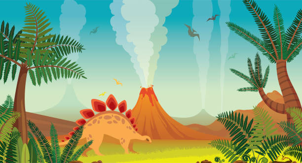 доисторический природный ландшафт - вулканы, динозавры, растения. - dinosaur animal cartoon blue stock illustrations