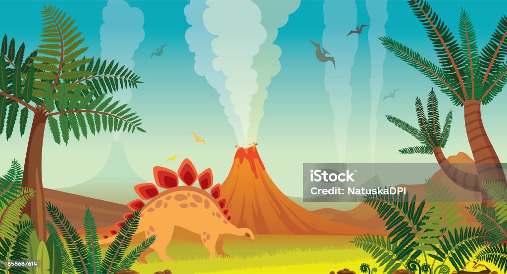 Prehistoric nature landscape - volcanoes, dinosaurs, plants. Active volcanoes with lava, green plants and dinosaurs on a blue sky background. Prehistoric nature landscape. Cartoon vector illustration. Dinosaur stock vector