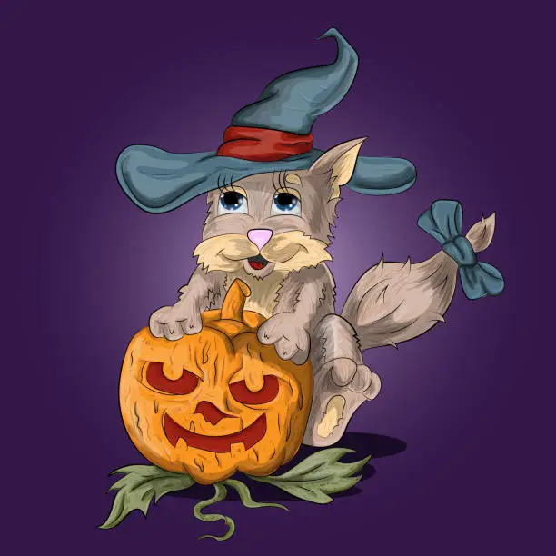 Vector illustration of little kitten in a sorceress hat hugs a pumpkin