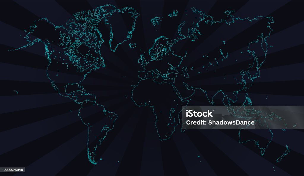 Vector world map. Neon contour, deep blue background. Outline graphic freehand drawing. Abstract illustration of Asia, Europe, north and south america, Australia and africa Africa stock vector