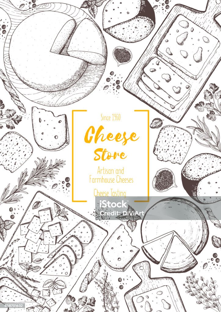 Cheese top view frame. Vector illustration with a collection of cheese. Engraved style image. Dairy farm products. Cutting Board stock vector