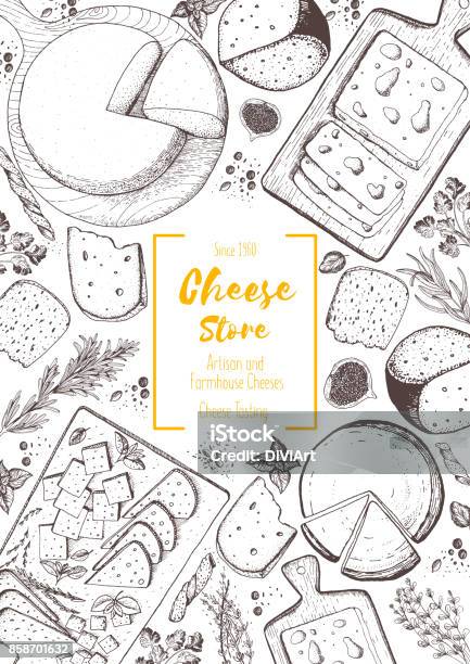 Cheese Top View Frame Vector Illustration With A Collection Of Cheese Engraved Style Image Dairy Farm Products Stock Illustration - Download Image Now