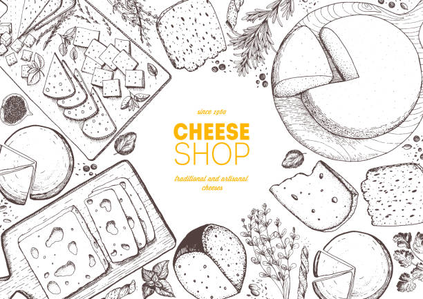 Cheese top view frame. Vector illustration with a collection of cheese. Engraved style image. Dairy farm products. Cheese top view frame. Vector illustration with a collection of cheese. Engraved style image. Dairy farm products. cheese drawings stock illustrations
