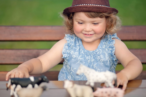 Cute Little Girl Playing With Farm Animal Toys Outdoors Stock Photo - Download  Image Now - iStock