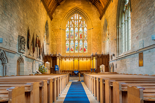 Stock photograph of the interior of the landmark Dunkeld Cathedral, Church of Scotland place of worship in Dunkeld, Scotland, UK.