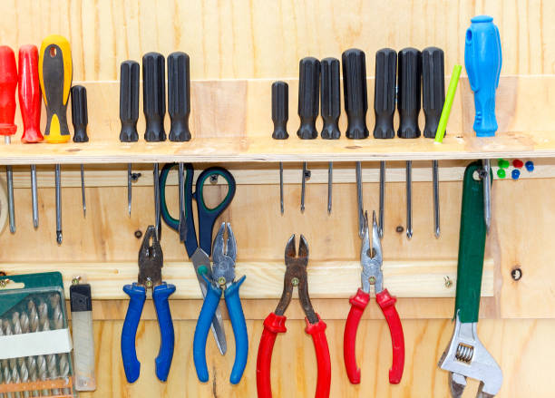 istock Different screwdrivers and pliers on a yellow chipboard 858710576