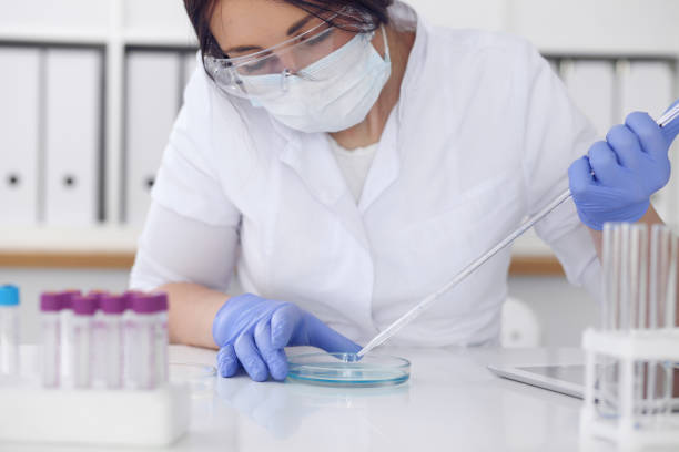 close-up of professional female scientist in protective eyeglasses making experiment with reagents in laboratory. medicine and research concept - close up medical test exam people imagens e fotografias de stock