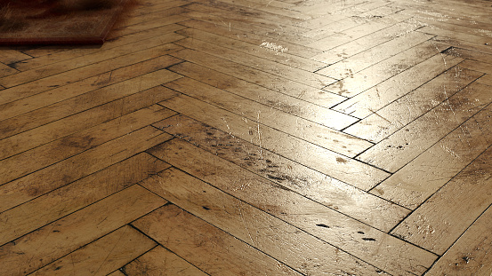 3d rendering of old parquet floor with cracks in the sunlight