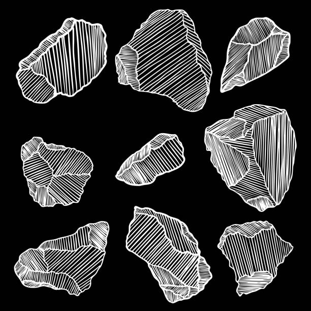 Rock stone set. Black and white stones and rocks in hand drawn hatching, wood carve style. Set of different boulders. Vector. Vector. soil sample stock illustrations