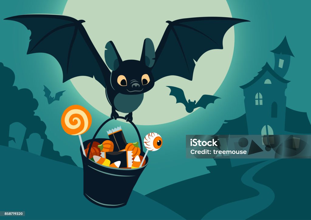 Vector illustration of nighttime Halloween scene, cute bat flying with bucket full of candy, with full moon, haunted house, forest cemetery in the background. Flyer, banner, poster or card template. Halloween stock vector