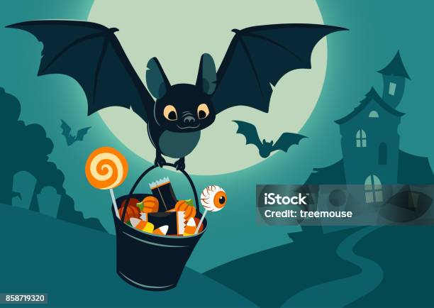 Vector Illustration Of Nighttime Halloween Scene Cute Bat Flying With Bucket Full Of Candy With Full Moon Haunted House Forest Cemetery In The Background Flyer Banner Poster Or Card Template Stock Illustration - Download Image Now