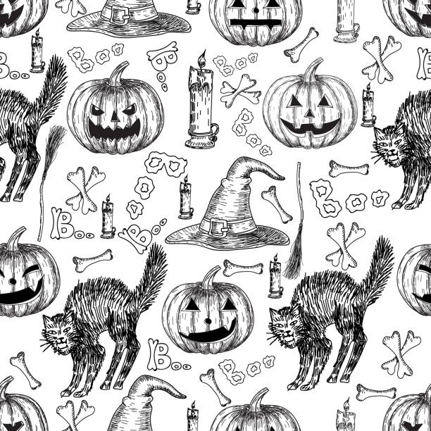 ilustrações de stock, clip art, desenhos animados e ícones de halloween holiday vector seamless pattern of halloween death reaper, spooky ghost, black cat, bat, skeleton skull, witch cauldron, coffin, tomb. decoration background for halloween decoration design - witch halloween cauldron bat