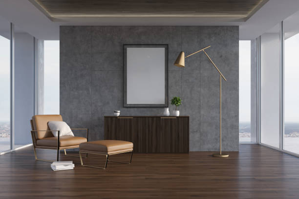 istock Concrete living room, beige armchair 858722272