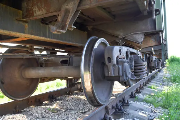 Photo of Wheels of a freight railway car close-up. Russia