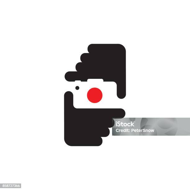 Hands Holding Camera Editable Vector In Black And Red Stock Illustration - Download Image Now