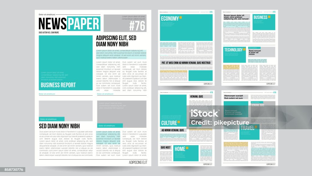 Newspaper Template Vector. Financial Articles, Business Information. Opening Editable Headlines Text Articles. Realistic Isolated Illustration Newspaper Design Template Vector. Images, Articles, Business Information. Opening Editable Headlines Text Articles. Realistic Isolated Illustration Newspaper stock vector