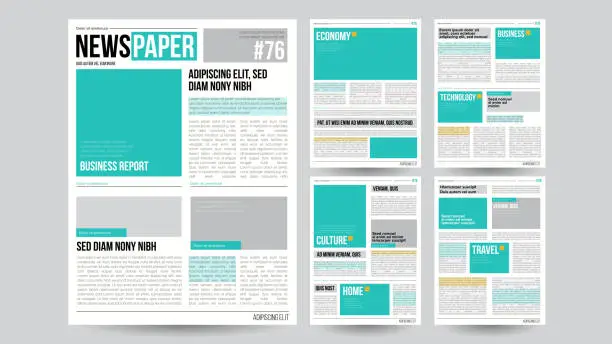 Vector illustration of Newspaper Template Vector. Financial Articles, Business Information. Opening Editable Headlines Text Articles. Realistic Isolated Illustration