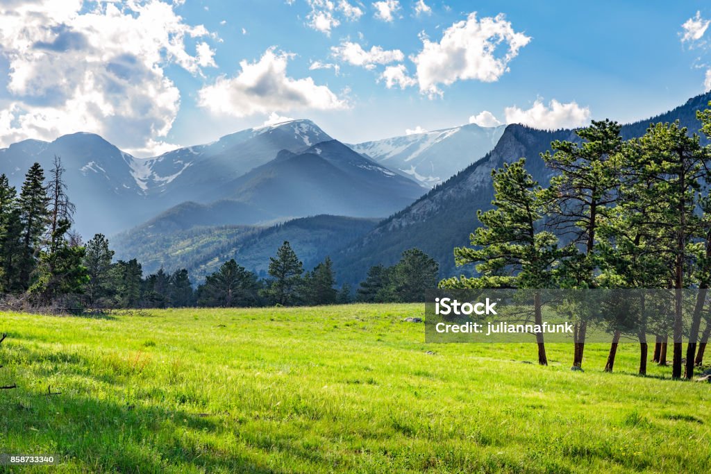 Meadow in Rocky Mountain National Park Idyllic summer landscape in Rocky Mountain National Park, colorado, with green mountain pastures and mountain range in the background. Mountain Stock Photo