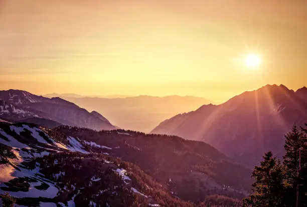 Summer sunset in the Mountains at Snowbird Ski and Summer Resort, Little Cottonwood Canyon, Utah.