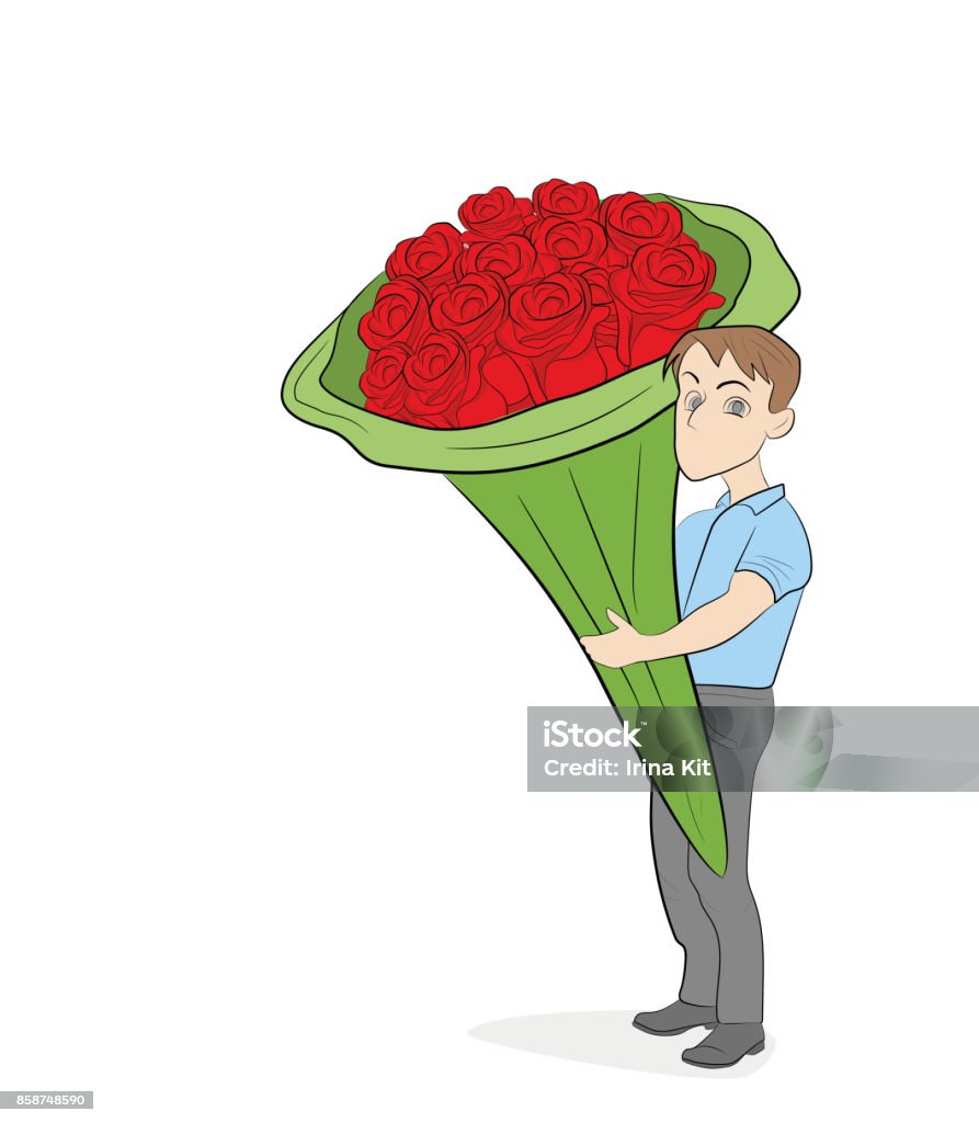 Một Người Đàn Ông Nhỏ Bé Cầm Một Bó Hoa Lớn Vẽ Tay Vector Hoạt ...