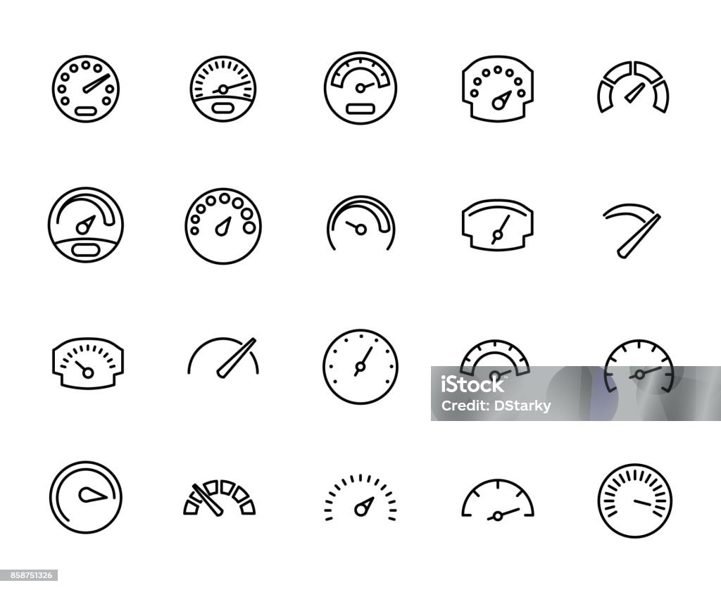 Premium set de iconos de la línea de velocímetro. - arte vectorial de Ícono libre de derechos