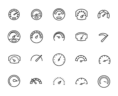 Premium set of speedometer line icons. Simple pictograms pack. Stroke vector illustration on a white background. Modern outline style icons collection.